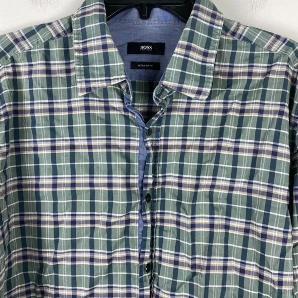 Hugo Boss Mens Plaid Shirt Button Up Sz XL Preppy Work Business Casual